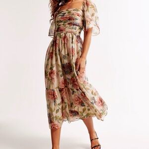 SOLD- Abercrombie & Fitch Cream Floral Square-Neck Midi Dress with Pink Roses
